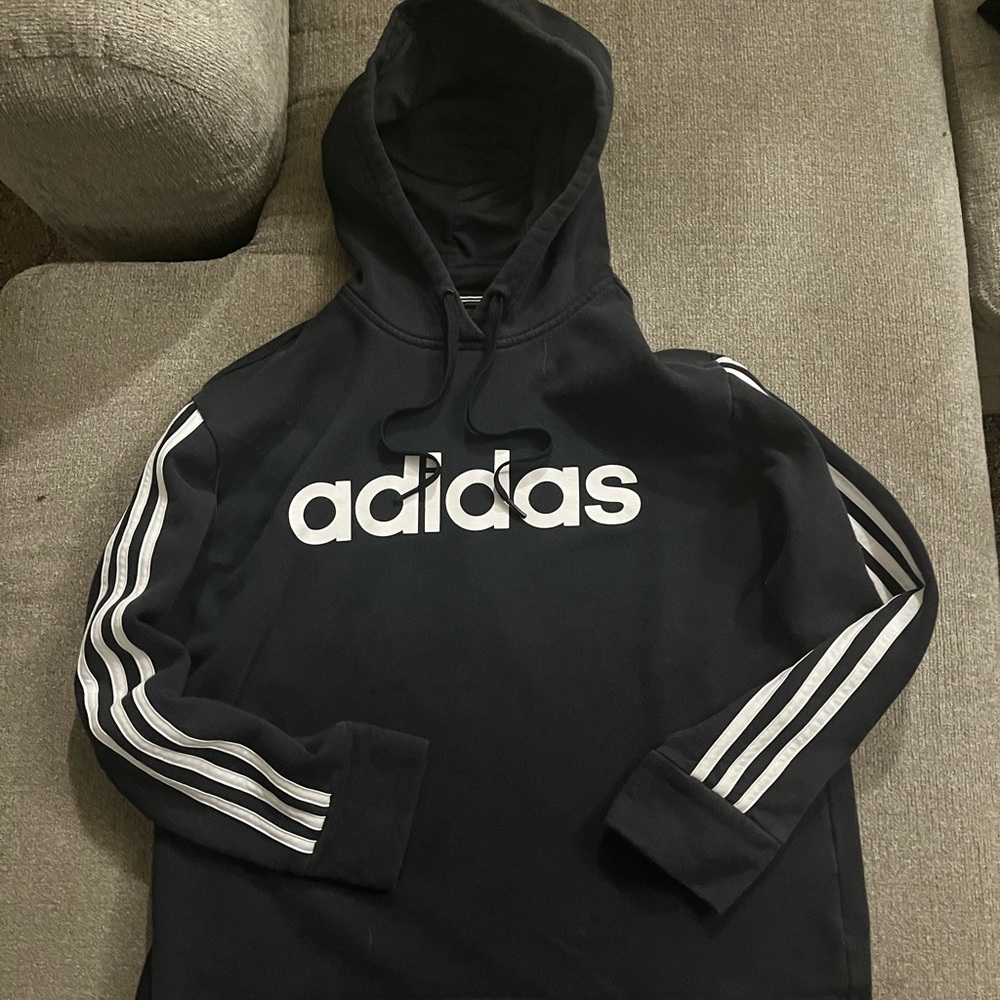 Women’s Black and White Large Adidas Pull Over Hoodie With The Three Stripes